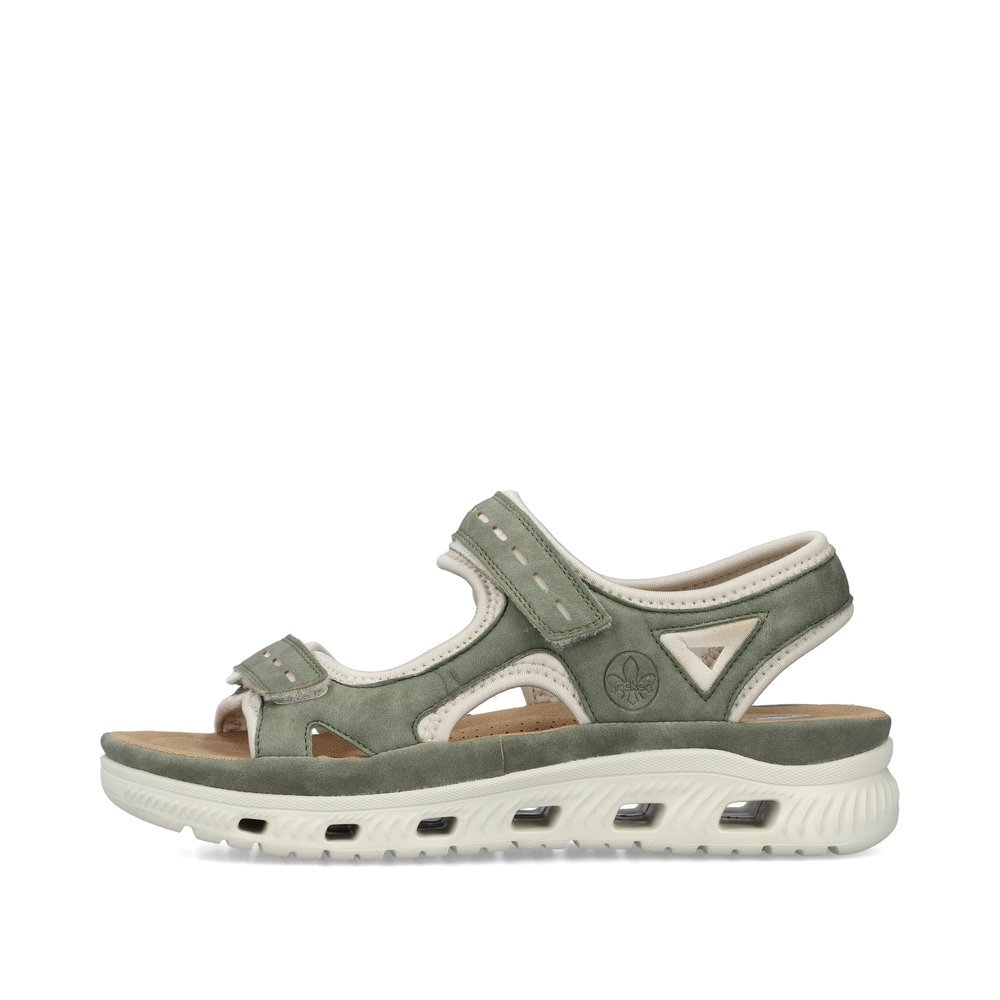 Green-grey Rieker women´s hiking sandals 64066-52 with a flexible sole. Outside of the shoe.