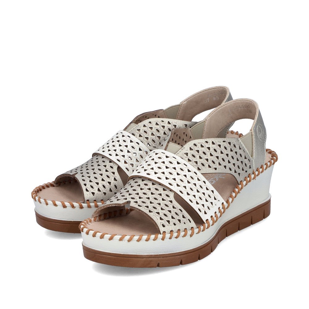 Metallic Rieker women´s wedge sandals 60365-90 with an elastic insert. Shoes laterally.