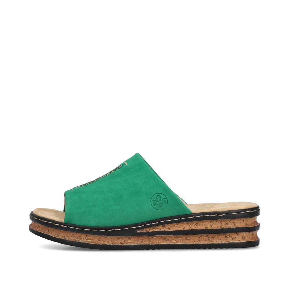 Grass green Rieker women´s mules 62905-52 with the slim fit E 1/2. Outside of the shoe.