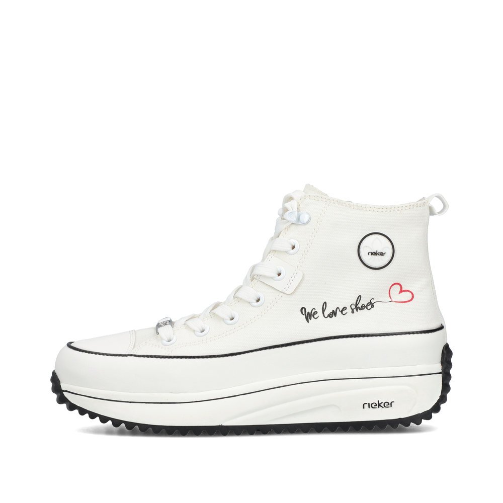 White Rieker women´s high-top sneakers 90012-80 with a durable platform sole. Outside of the shoe.
