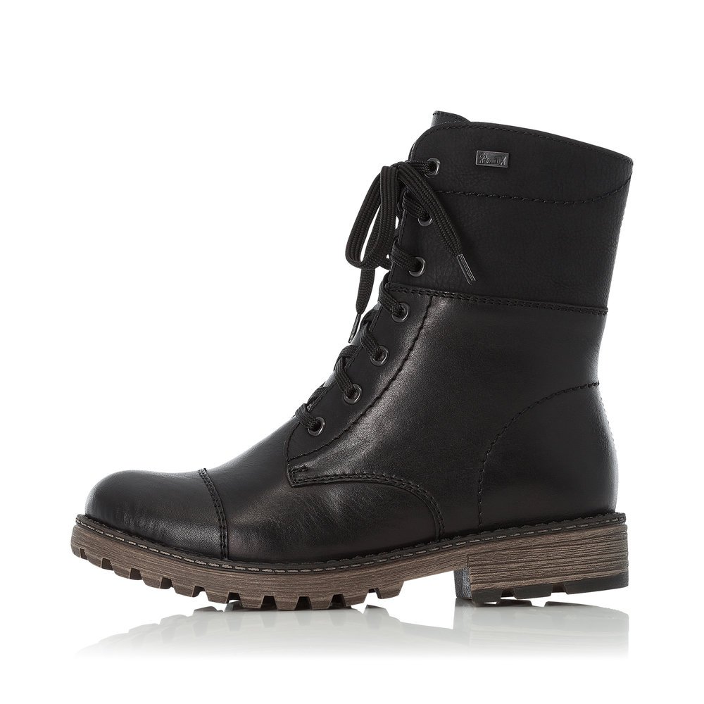 Jet black Rieker women´s biker boots Y6723-00 with lacing and zipper. The outside of the shoe
