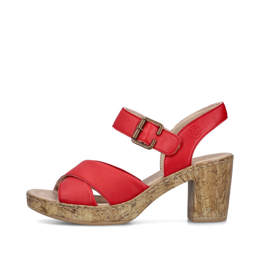 Red Rieker women´s strap sandals 66853-33 with a hook and loop fastener. Outside of the shoe.