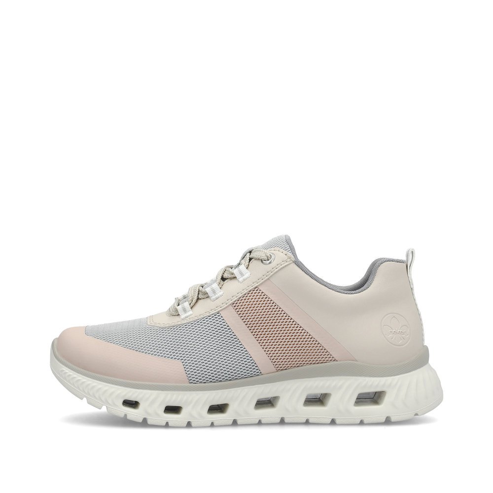 Beige Rieker women´s low-top sneakers M6006-90 with a flexible and ultra light sole. Outside of the shoe.