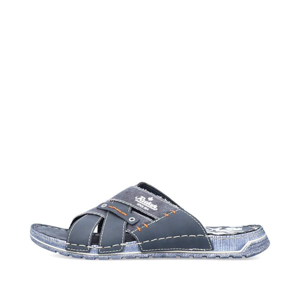 Ocean blue Rieker men´s mules 21999-14 with the extra width H 1/2. Outside of the shoe.