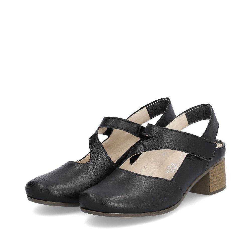 Black Rieker women´s pumps 41697-00 with a hook and loop fastener. Shoes laterally.