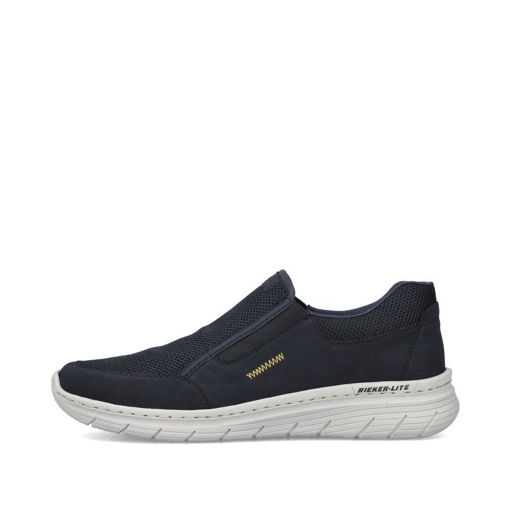 Ocean blue Rieker men´s slippers 13155-14 with an elastic insert. Outside of the shoe.