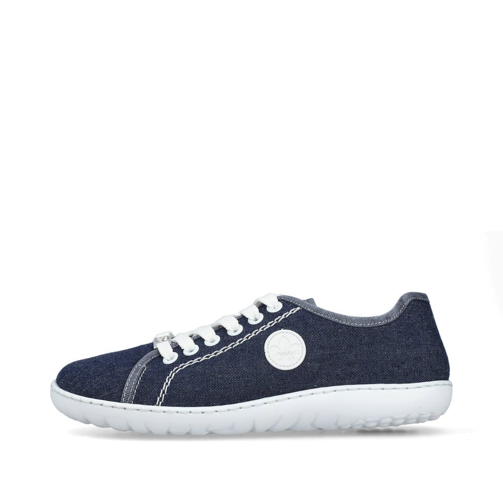 Navy blue vegan Rieker women´s lace-up shoes 52823-14 with logo on the side. Outside of the shoe.
