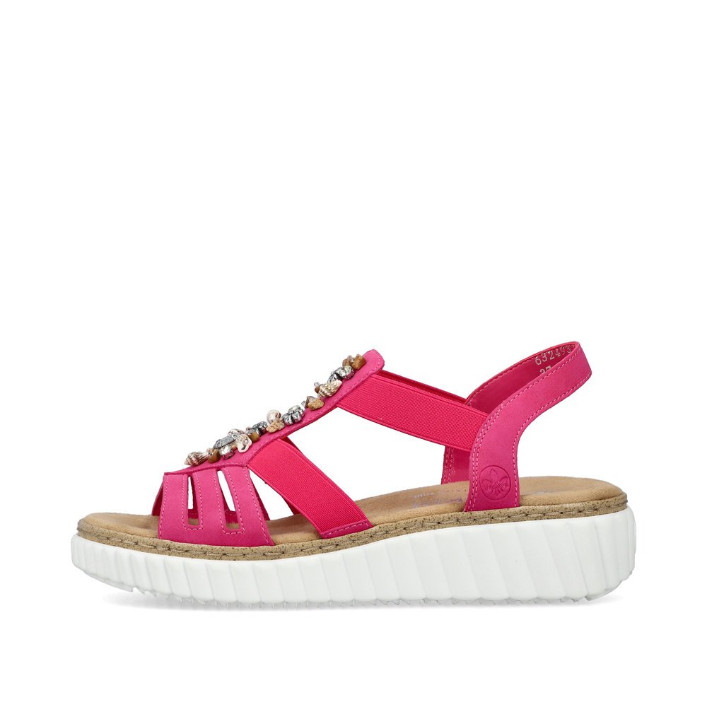 Pink Rieker women´s wedge sandals 63249-31 with an elastic insert. Outside of the shoe.