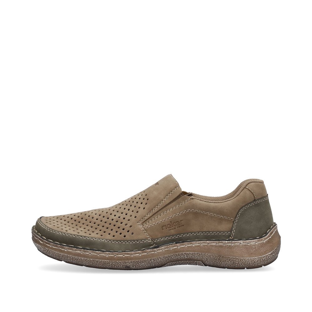 Beige Rieker men´s slippers 03079-64 with elastic insert as well as perforated look. Outside of the shoe.