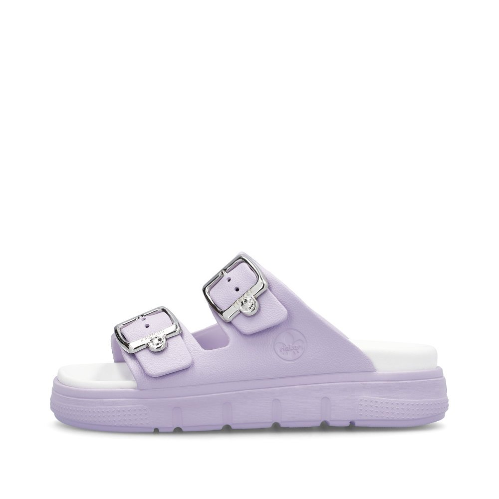 Lilac Rieker women´s mules P2180-30 with a buckle as well as flexible platform sole. Outside of the shoe.