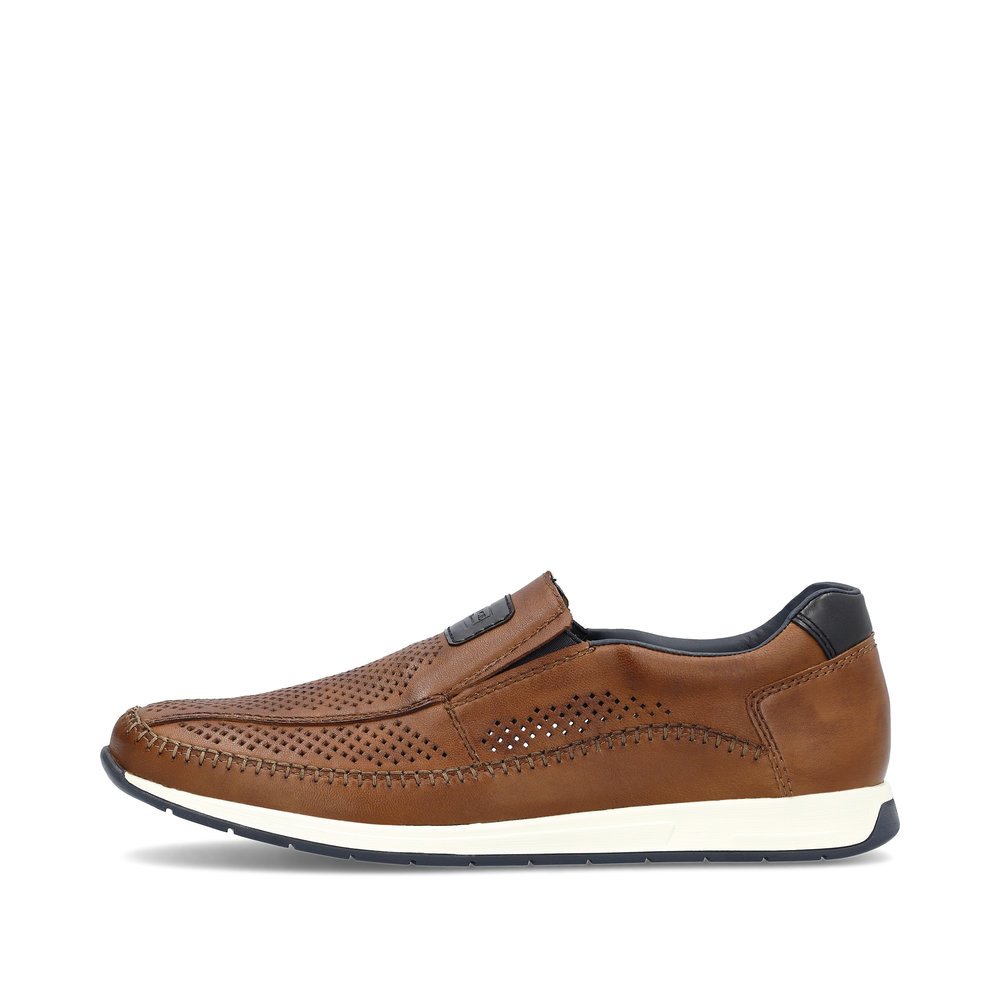 Rieker chaussons marron pour hommes 11950-25 avec un insert élastique. Côté extérieur de la chaussure.