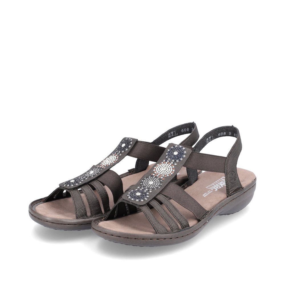 Black-grey Rieker women´s strap sandals 608G9-47 with an elastic insert. Shoes laterally.