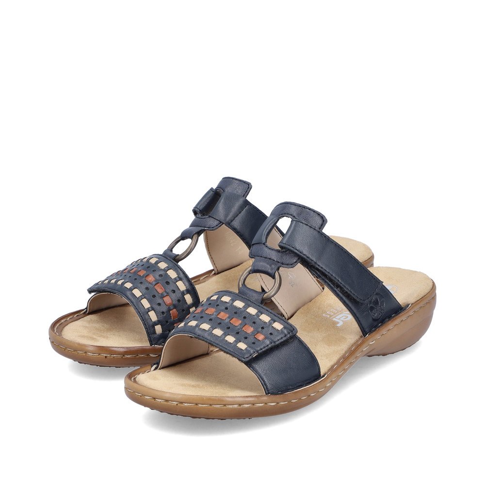 Steel blue Rieker women´s mules 60842-14 with a hook and loop fastener. Shoes laterally.