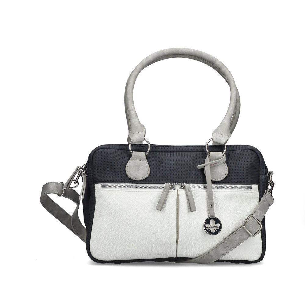 Rieker handbag H1523-14 in blue and white with zipper and detachable shoulder strap. Front.