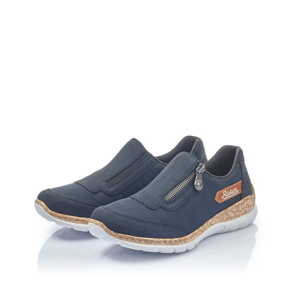 Steel blue Rieker women´s slippers N4284-14 with zipper as well as brown logo. Shoes laterally.