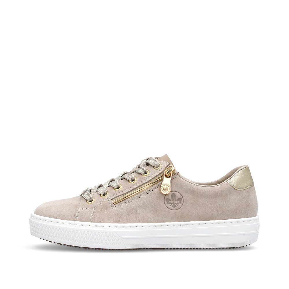 Brown Rieker women´s low-top sneakers L59L1-60 with a zipper. Outside of the shoe.