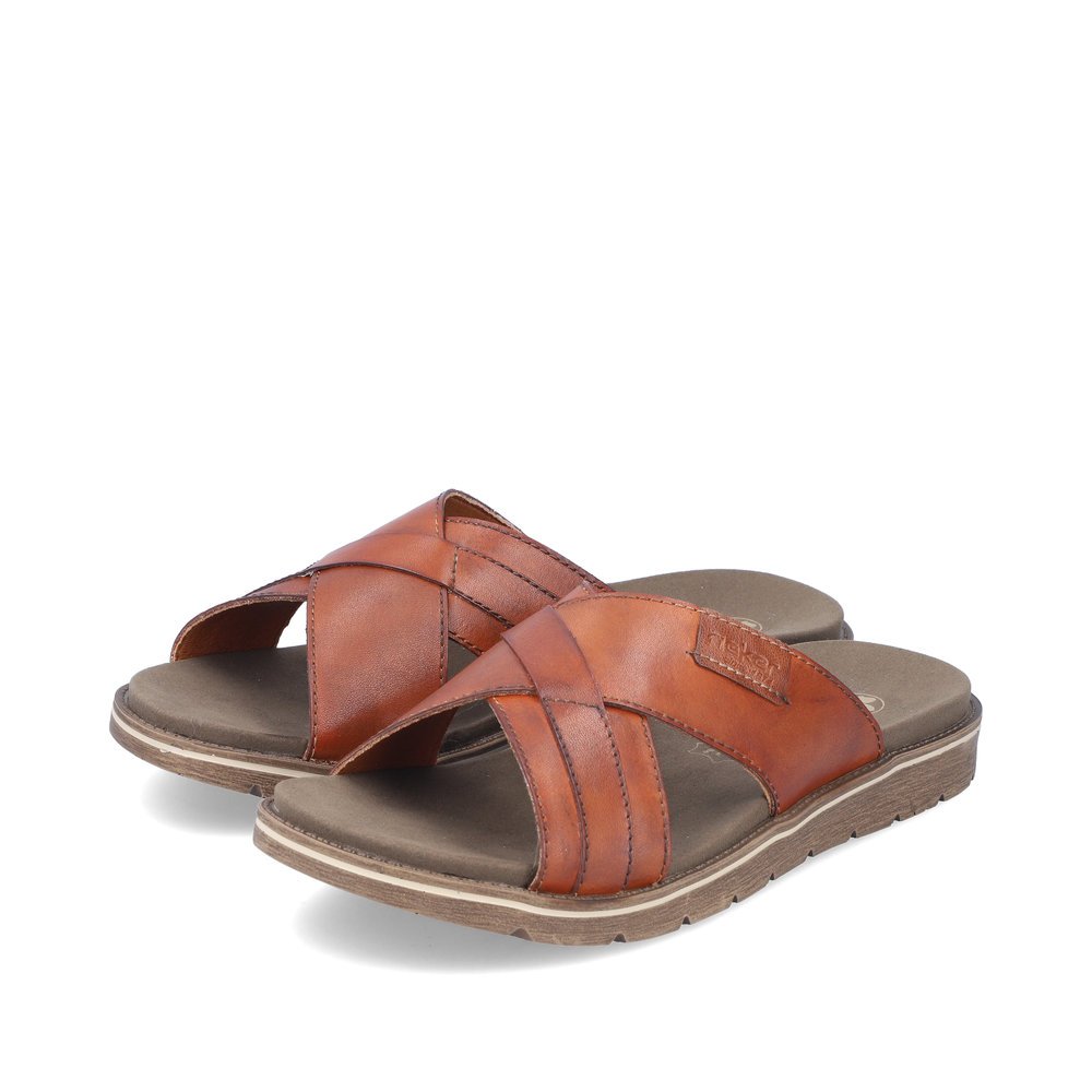 Brown Rieker men´s mules 24393-24 with the comfort width G 1/2. Shoes laterally.
