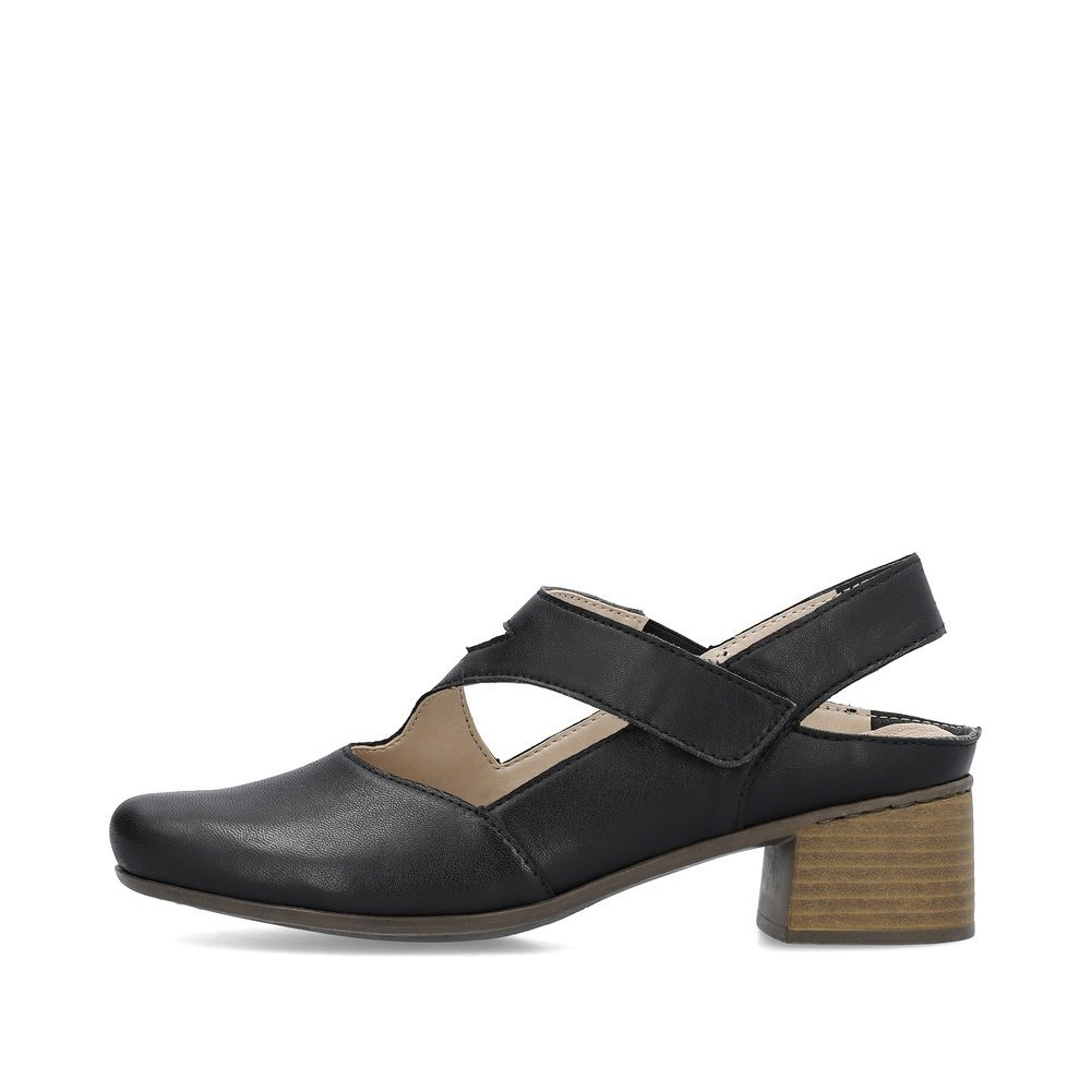 Black Rieker women´s pumps 41697-00 with a hook and loop fastener. Outside of the shoe.