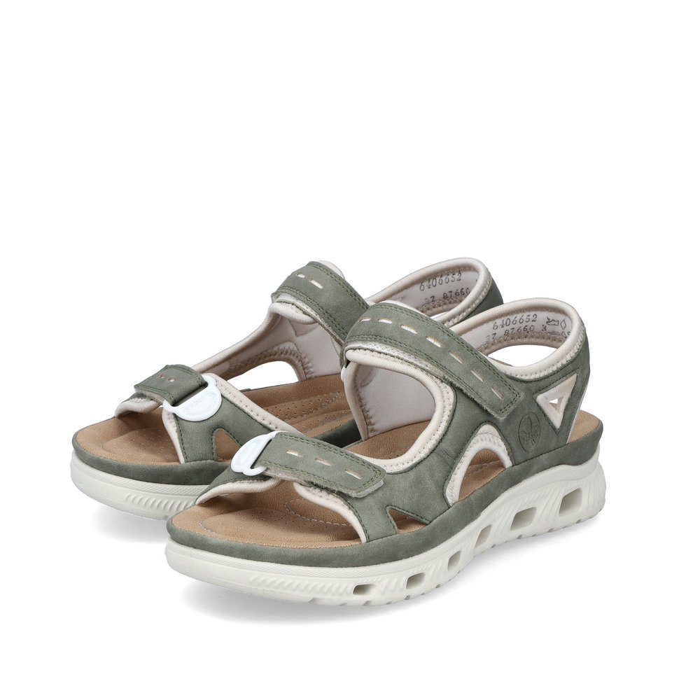 Green-grey Rieker women´s hiking sandals 64066-52 with a flexible sole. Shoes laterally.