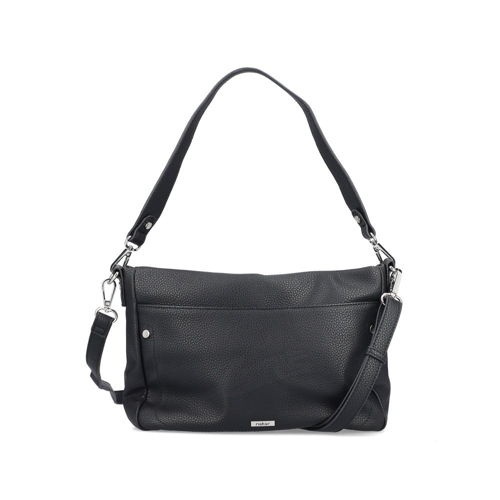 Rieker Handtasche H1641-00 in Schwarz mit Reißverschluss, Außenfach mit Magnetverschluss sowie abnehmbarem und verstellbarem Schulterriemen. Vorderseite.