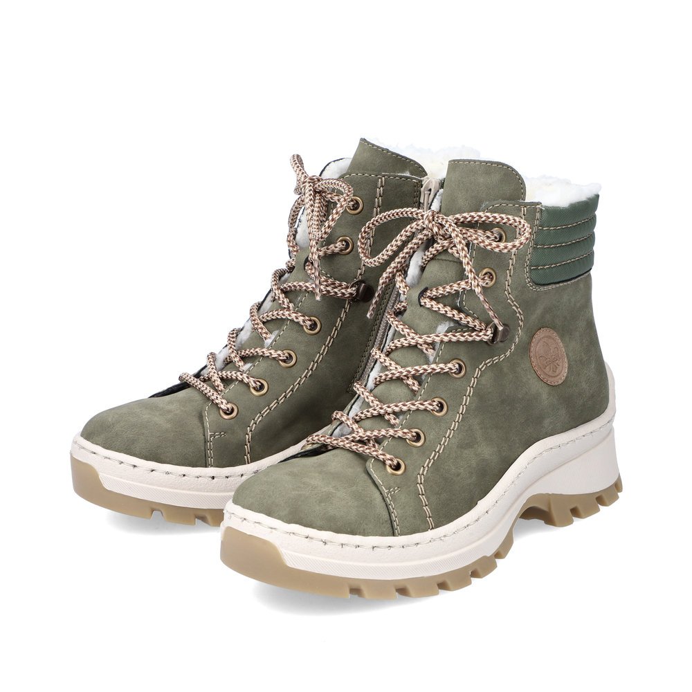 Leaf green Rieker women´s lace-up boots X9334-54 with lacing and zipper. Shoe laterally