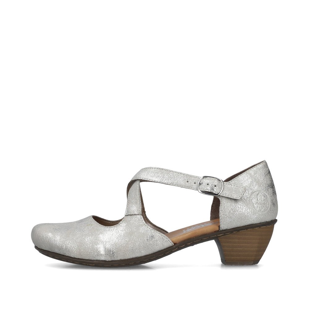 Silver Rieker women´s pumps 41781-40 with a buckle as well as extra soft cover sole. Outside of the shoe.