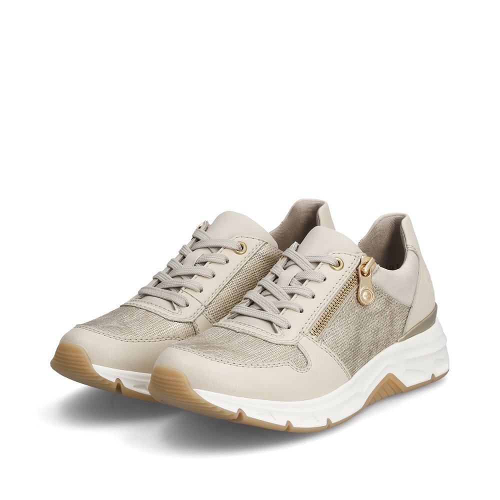 Light beige Rieker women´s low-top sneakers 48101-60 with a zipper. Shoes laterally.