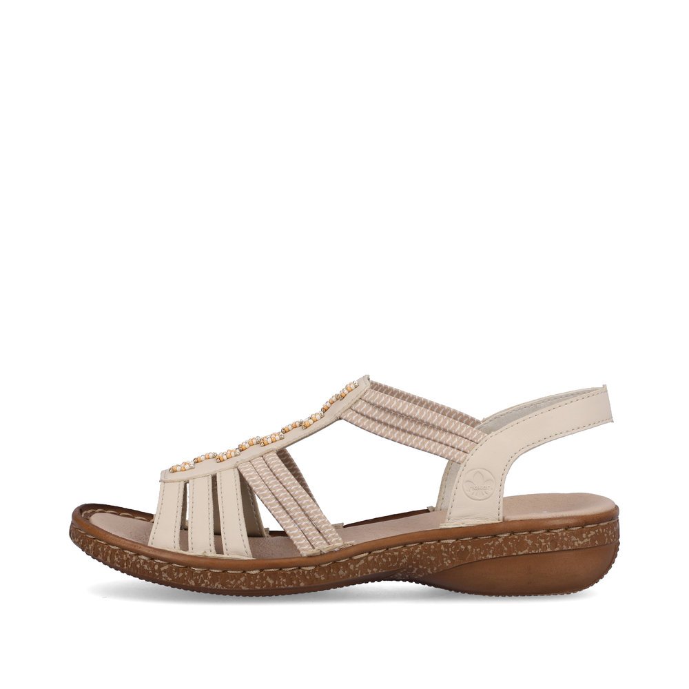 Rieker sandales à lanières beiges femmes 62855-60 avec insert élastique. Côté extérieur de la chaussure.