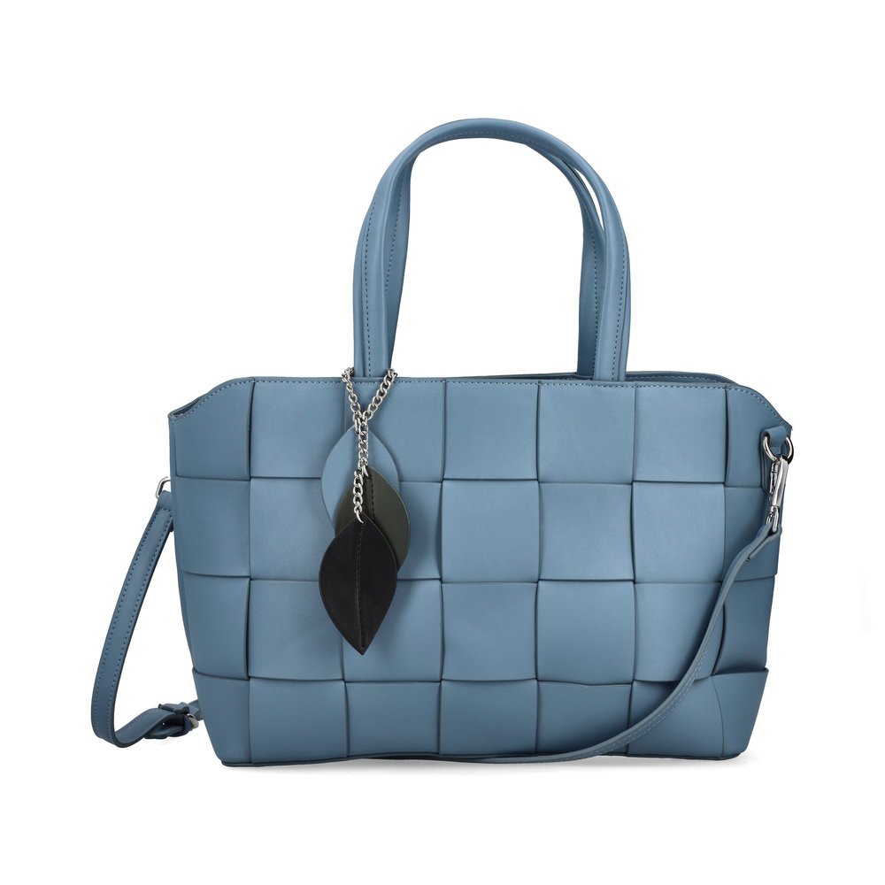Rieker handbag H1544-12 in blue with a woven look on the front, zipper and detachable and adjustable shoulder strap. Front.