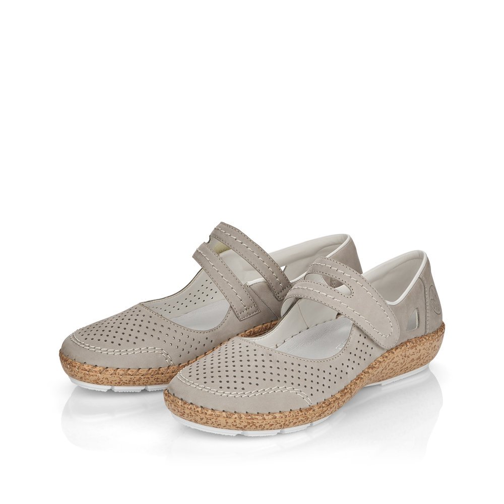 Light grey Rieker women´s ballerinas 44885-40 with a hook and loop fastener. Shoes laterally.