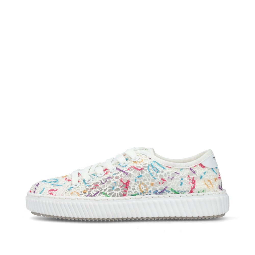 Multi-colored vegan Rieker women´s low-top sneakers M3926-90 with lacing. Outside of the shoe.