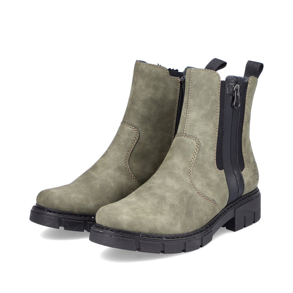 Leaf green Rieker women´s Chelsea boots Z3560-54 with zipper as well as light sole. Shoe laterally