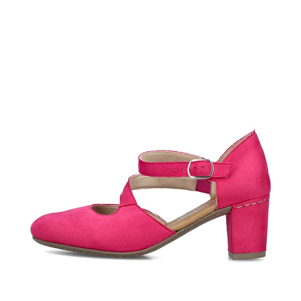 Pink Rieker women´s pumps 41080-31 with a buckle as well as extra soft cover sole. Outside of the shoe.