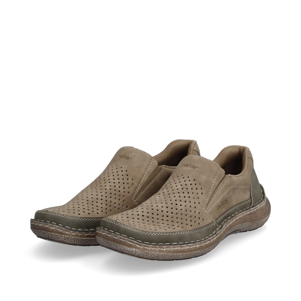 Beige Rieker men´s slippers 03079-64 with elastic insert as well as perforated look. Shoes laterally.