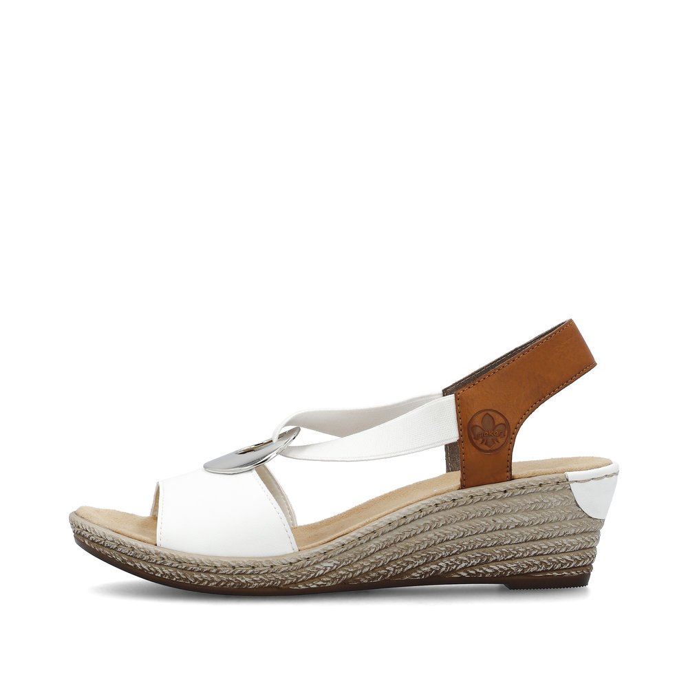 White Rieker women´s wedge sandals 624H6-81 with an elastic insert. Outside of the shoe.