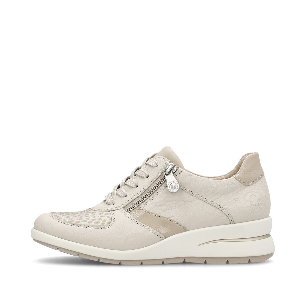 Beige Rieker women´s lace-up shoes L4821-60 with zipper as well as perforated look. Outside of the shoe.