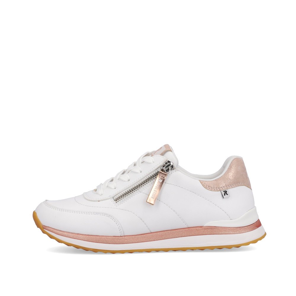 White Rieker women´s low-top sneakers 42505-80 with a super light and flexible sole. Outside of the shoe.