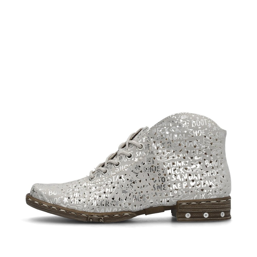 Silberne Rieker Damen Schnürschuhe M1835-92 mit einem Reißverschluss. Schuh Außenseite.