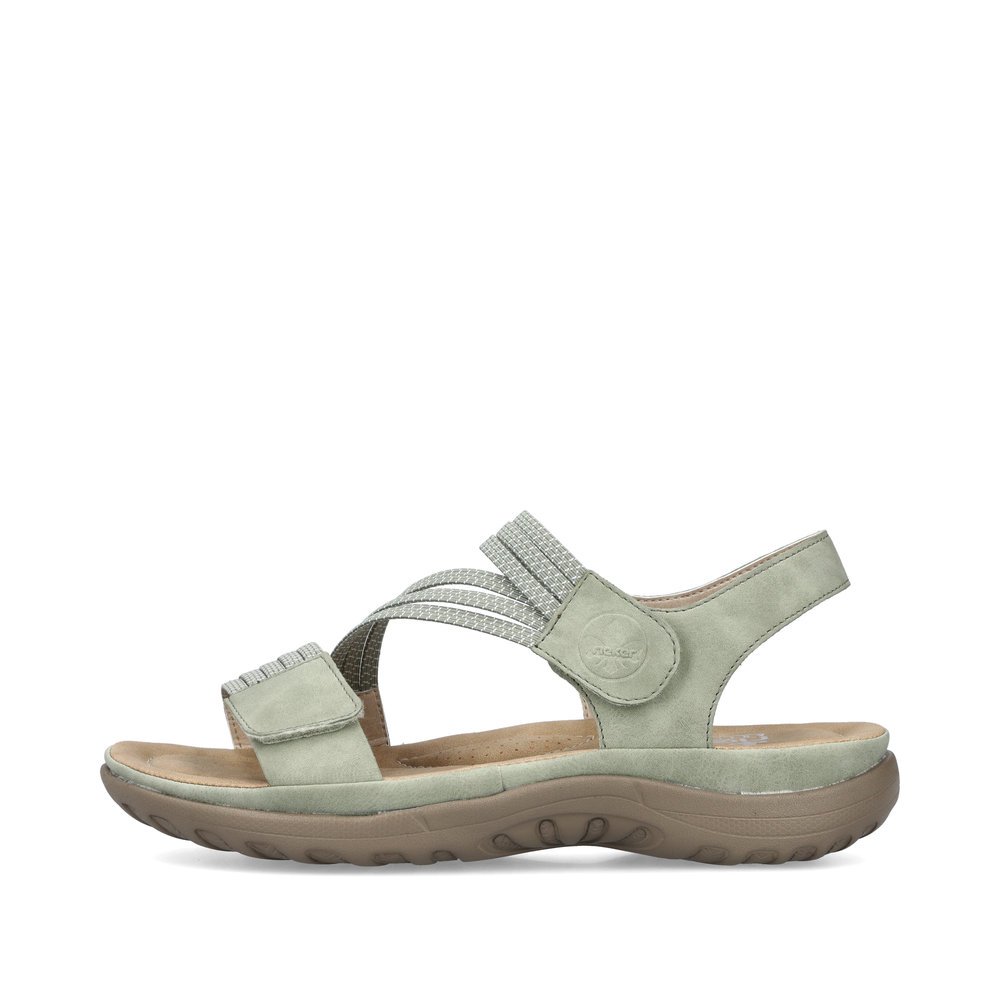 Mint green Rieker women´s strap sandals 64870-52 with a hook and loop fastener. Outside of the shoe.