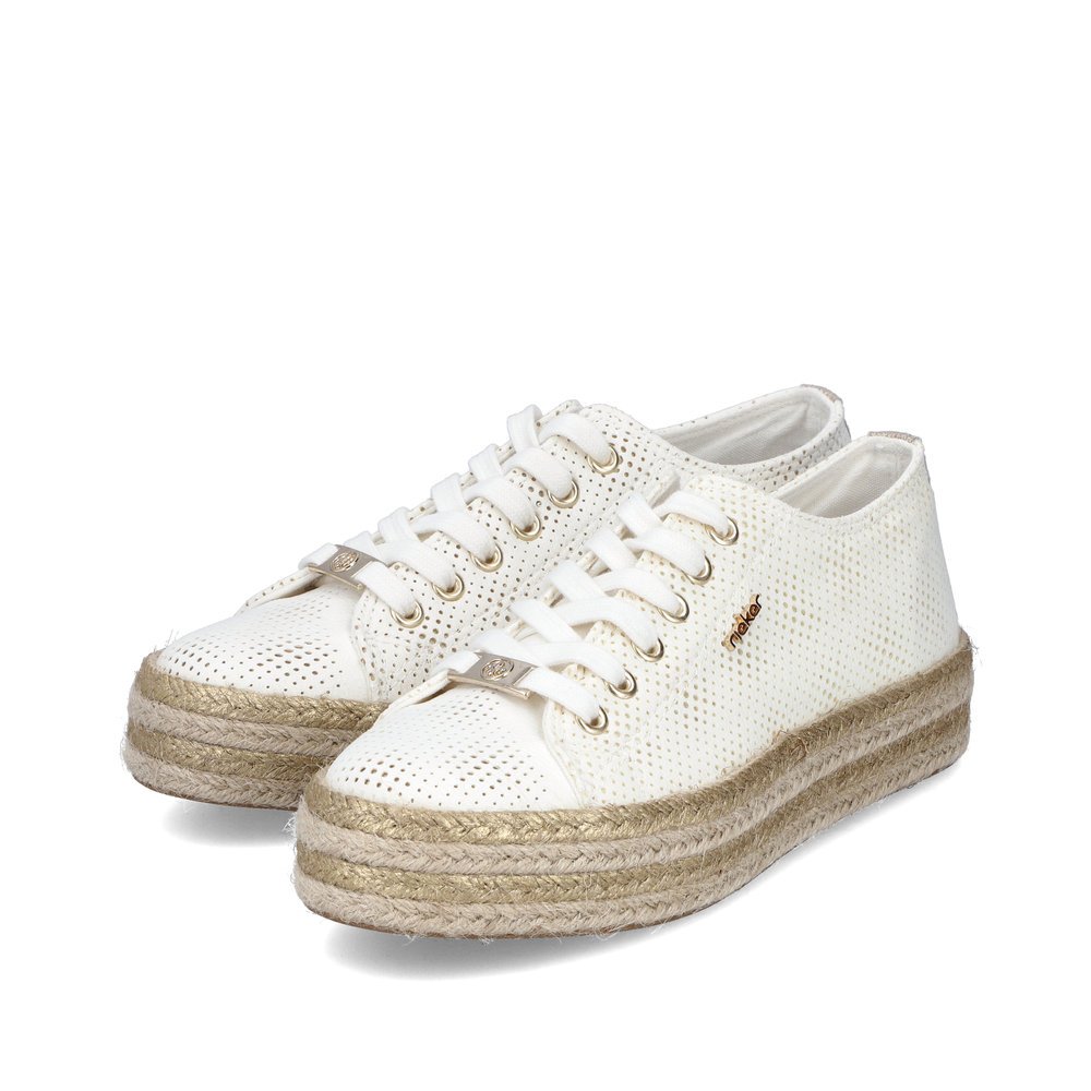 Swan white Rieker women´s lace-up shoes 94005-80 with golden eyelets. Shoes laterally.