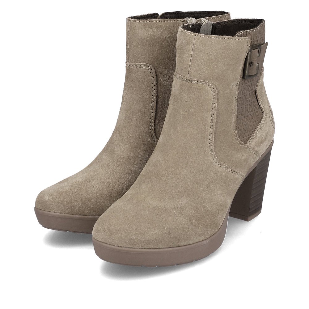 Brown beige Rieker women´s ankle boots Y2252-64 with profile sole with block heel. Shoe laterally