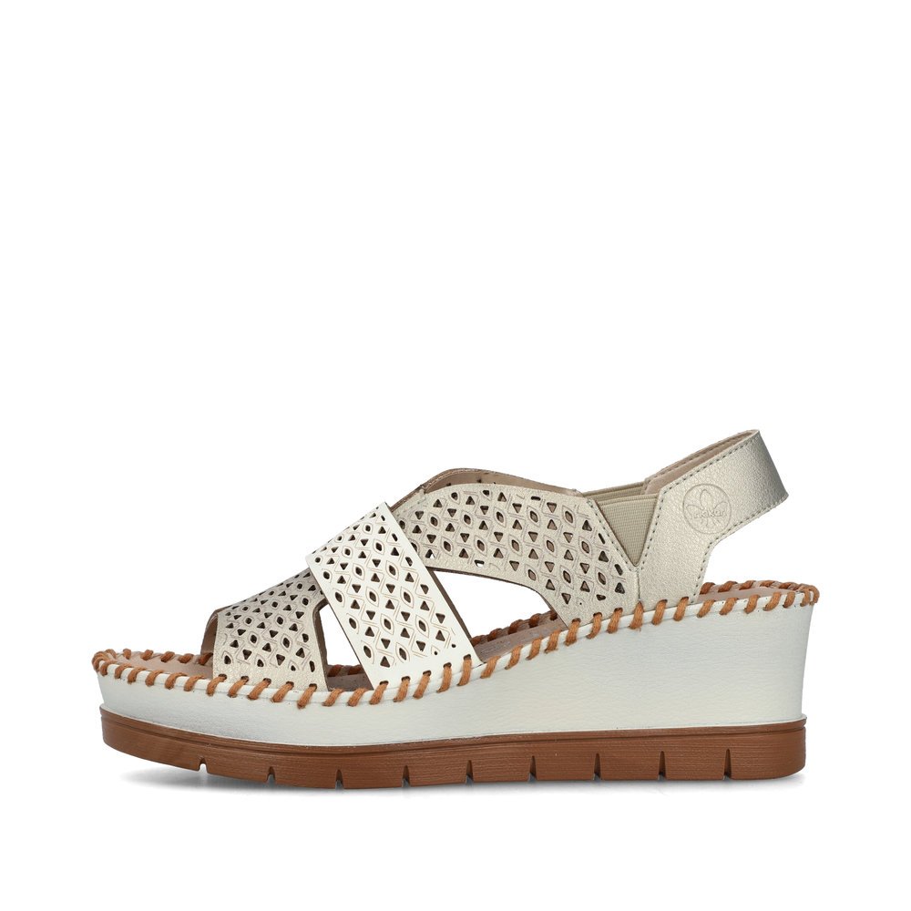 Metallic Rieker women´s wedge sandals 60365-90 with an elastic insert. Outside of the shoe.