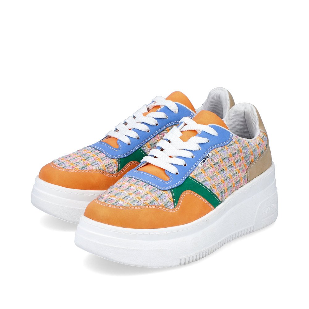 Multi-colored Rieker women´s low-top sneakers M7812-91 with a grippy platform sole. Shoes laterally.