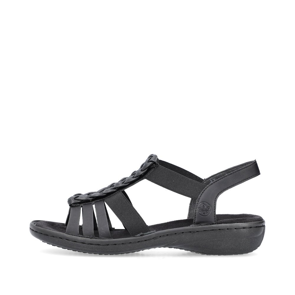 Black Rieker women´s strap sandals 60809-00 with an elastic insert. Outside of the shoe.