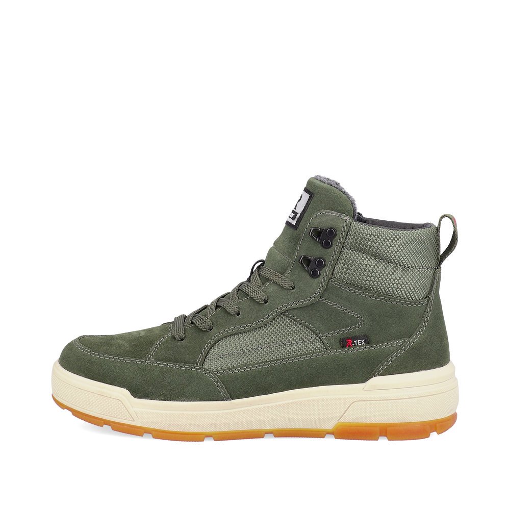 Green Rieker EVOLUTION men´s boots U0069-54 with lacing and zipper. The outside of the shoe