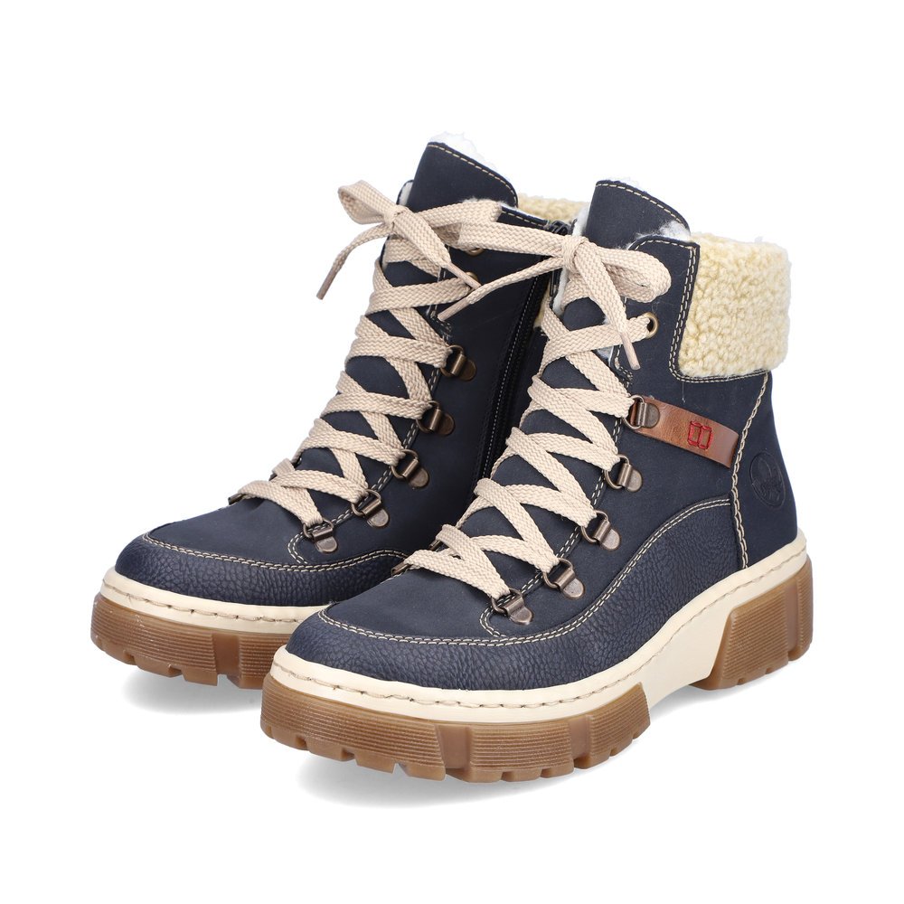 Sea blue Rieker women´s lace-up boots X8638-14 with profile sole. Shoe laterally