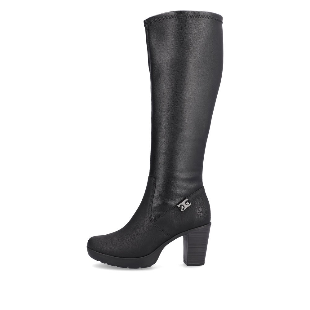 Jet black Rieker women´s high boots Y2253-00 with profile sole with block heel. The outside of the shoe