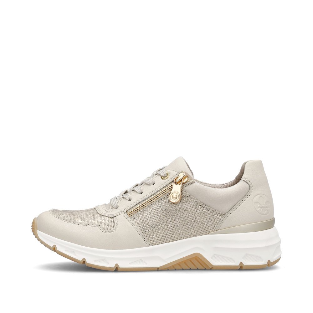 Light beige Rieker women´s low-top sneakers 48101-60 with a zipper. Outside of the shoe.