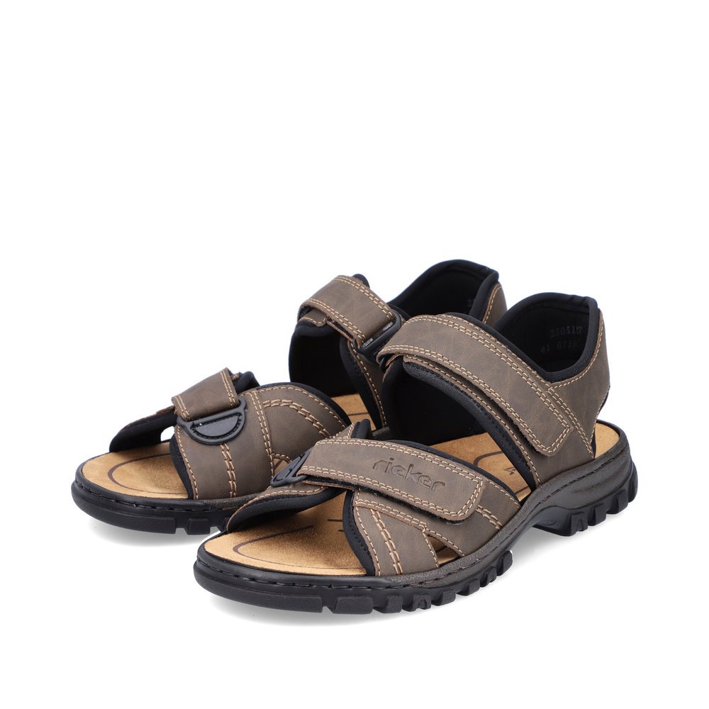 Espresso brown Rieker men´s hiking sandals 25051-27 with a hook and loop fastener. Shoes laterally.