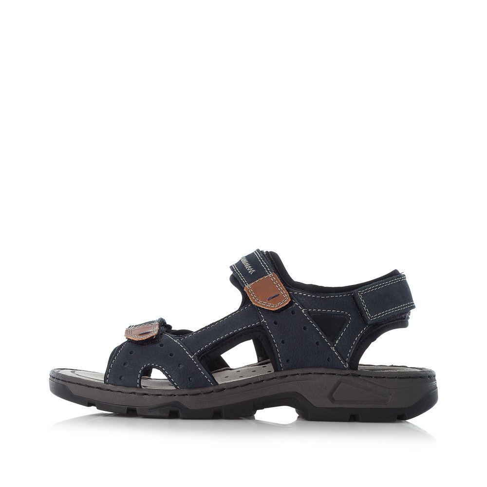 Sea blue Rieker men´s hiking sandals 26158-14 with a hook and loop fastener. Outside of the shoe.
